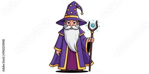 Wizard character illustration, fantasy spellcaster design, magical staff glowing orb artwork, mystical sorcerer figure vector, enchanted robe silhouette