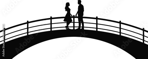 Romantic couple silhouette standing on bridge, love meeting scene, minimal black and white line art vector illustration for modern design