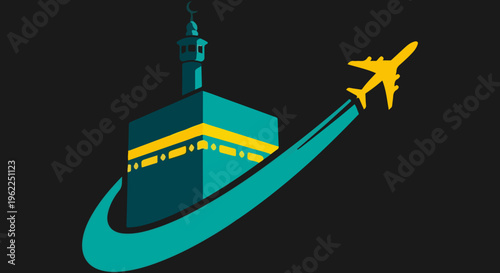 Islamic Hajj pilgrimage travel vector, Kaaba and mosque minaret with airplane flight path, religious Umrah tourism concept on black background
