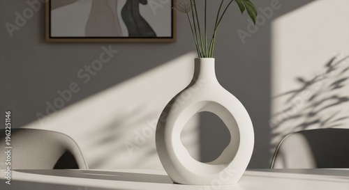 Minimalist white vase with greenery on a table with soft sunlight