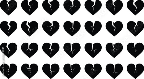 Set of broken heart silhouettes collection, heartbreak and emotional pain concept illustration, minimal black and white vector design for love themes