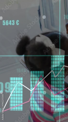 Vertical video: Teen holding phone, child leaning over tablet, charts rising, showing learning