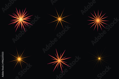 Glowing starburst light effects collection, abstract radiant flare elements on a black background.