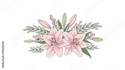 Elegant bouquet of two large pink lilies surrounded by lush green leaves and clusters of pink berries for romantic floral arrangements.