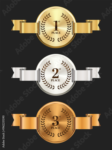 Medal badges for first second and third place winners