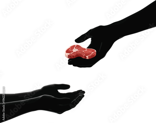 Two black silhouetted hands with one offering red pills to the other