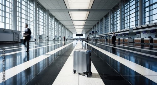 Modern airport terminal scene with luggage and blurred figures travel concept