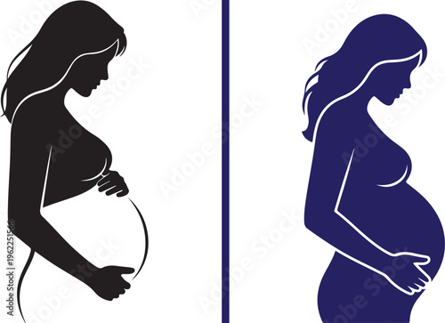 Two vector silhouettes of a pregnant woman holding her belly. Features a black version with a white cutout effect and a solid navy blue version, representing motherhood and prenatal care.