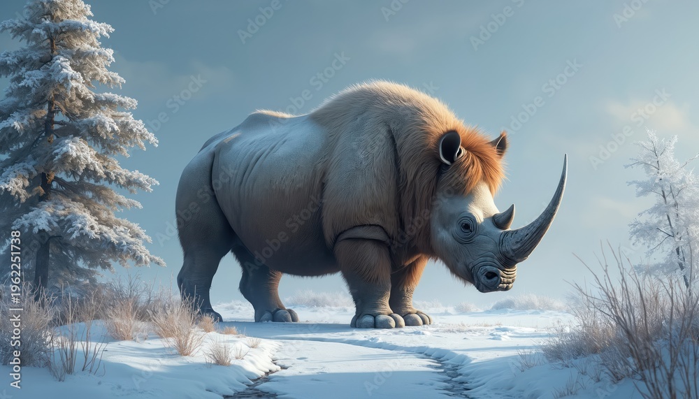 Fototapeta premium Prehistoric woolly rhinoceros stands in a snowy landscape. Furry mammal with big horn walks on snow-covered ground near frosted trees. Ancient animal in cold winter habitat during ice age.