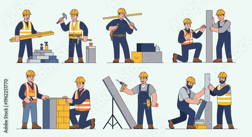 Construction workers performing various tasks on a building site.