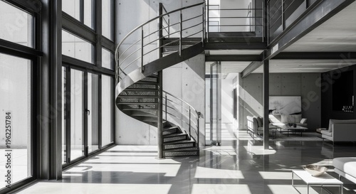 Modern architectural interior featuring spiral staircase windows and sunlight