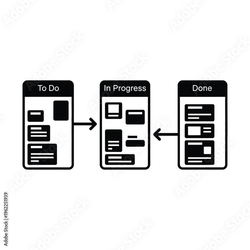Black and white icon illustrating a project management workflow with 'To Do', 'In Progress', and 'Done' columns, representing tasks moving through stages.