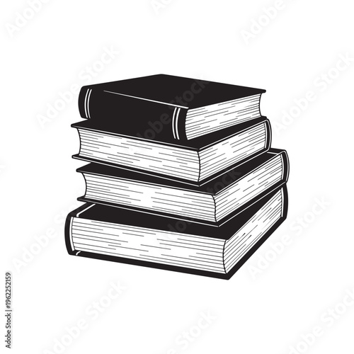 Stack of books, black and white illustration, educational icons, textbook pile