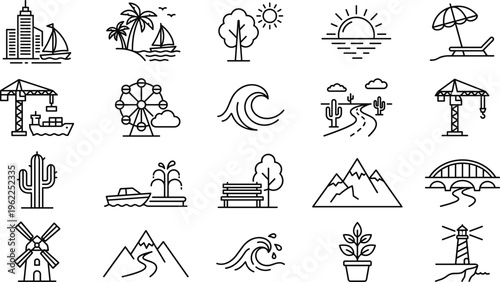 Travel and Nature Landscape Outline Icon Set with Beach, Mountains, Lighthouse, City, Park, Bridge, Sunset Symbols for Tourism Maps and Outdoor Design