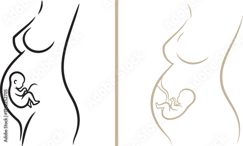Minimalist line art vector of a pregnant woman's silhouette showing a fetus in the womb. Includes two versions in black and tan outlines, ideal for prenatal care and maternity themes.