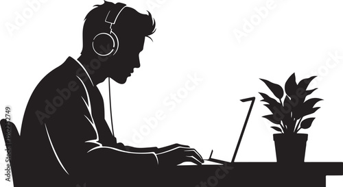 Black silhouette of man wearing headphones, working on laptop, minimalist office workspace vector