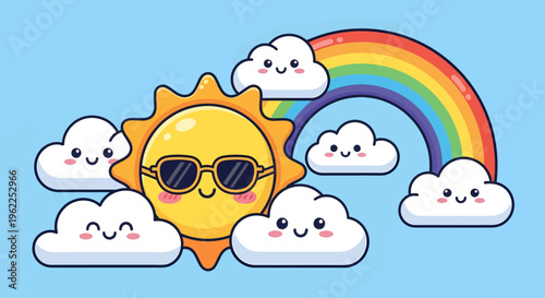 Smiling cartoon sun with sunglasses and clouds.