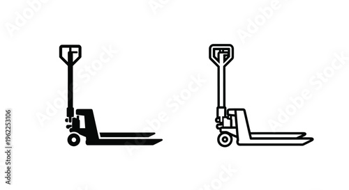 Two black and white line drawings of pallet jacks are displayed