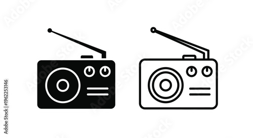 Two black and white illustrations of vintage portable transistor radios