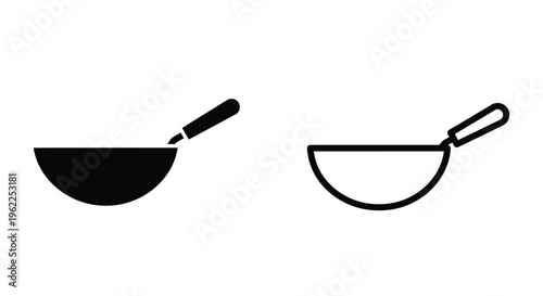 Two black and white line art depictions of a wok and ladle