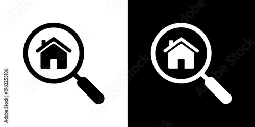 Real estate search icon with house in magnifying glass, property finder symbol, home search app concept, minimalist black and white vector illustration