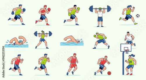 Diverse athletes engaged in various sports activities, showcasing different disciplines and movements.