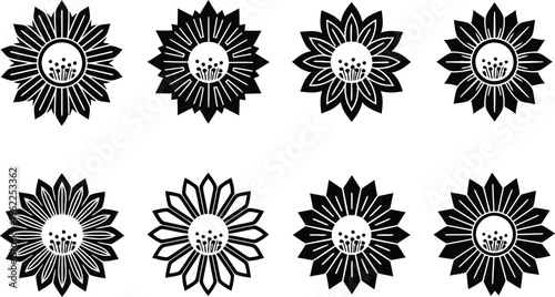 Eight black and white stylized flower on white background flower floral symbol abstract nature