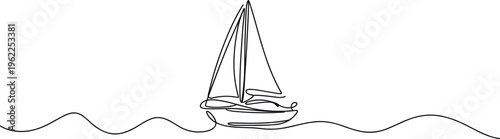 A simple black and white line of a sailboat on wavy water line black and white waves