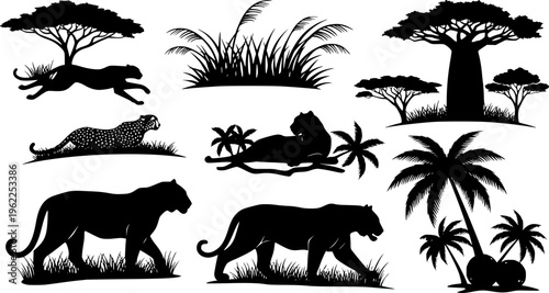 Large collection of black silhouette wildlife featuring cheetahs, tigers, and panthers in savanna landscape with acacia and palm trees vector isolated on white