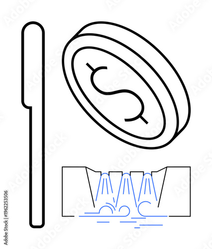 Manufacturing, technology, production, laser engraving, industrial design, economy. Outlined illustrations of coin, laser beams and production tools. Manufacturing and technology concepts