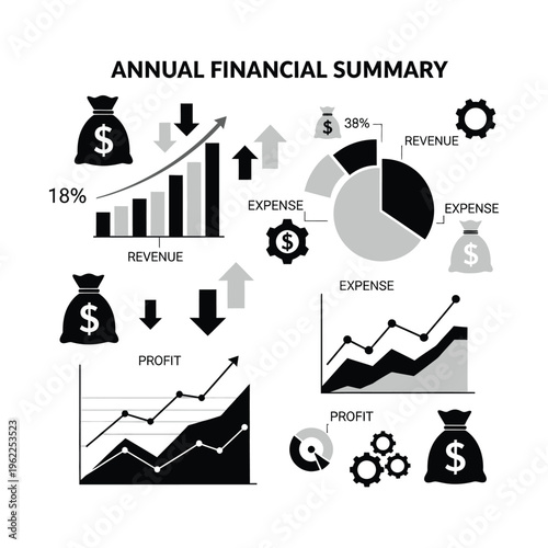 Annual financial summary with various charts and icons depicting revenue, expense, and profit trends for business analysis.