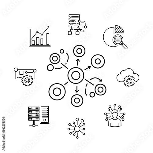 A comprehensive illustration of data integration, analytics, cloud computing, and network infrastructure, depicting various technological processes and business intelligence concepts.
