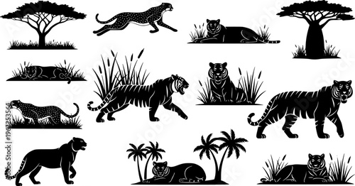 Large collection of black silhouette wildlife featuring cheetahs, tigers, and panthers in savanna landscape with acacia and palm trees vector isolated on white