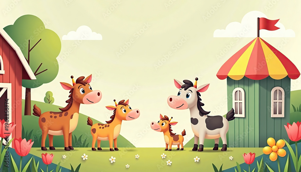 Obraz premium Cartoon farm animals, cheerful atmosphere, interacting in a colorful rural setting, copy space