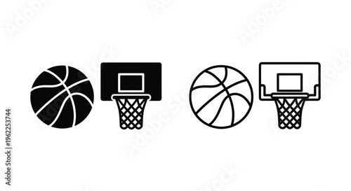Black and white illustration of basketballs and hoops in various styles