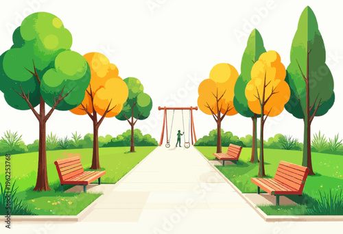 A colorful vector illustration of a park with swings and benches