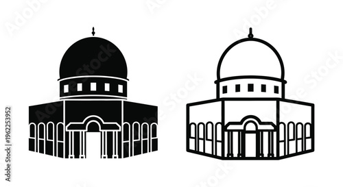 Two black and white line art depictions of the dome of the rock