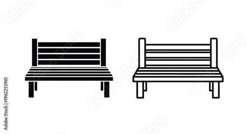 Two black and white illustrations of simple wooden park benches