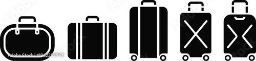 Five black luggage suitcases with different and handles in a row travel