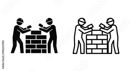 Construction workers building a brick wall shown in two different styles