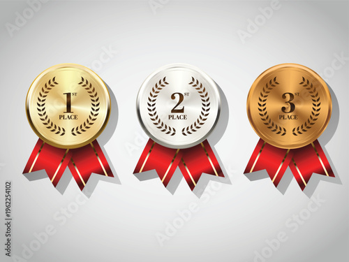 Three medals with ribbons representing first second and third place