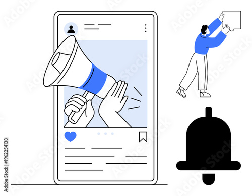 Notification concept. Notification ed by a megaphone, alert bell, and smartphone post highlighting online promotion and communication. Notification for marketing, UX design, alerts, reminders