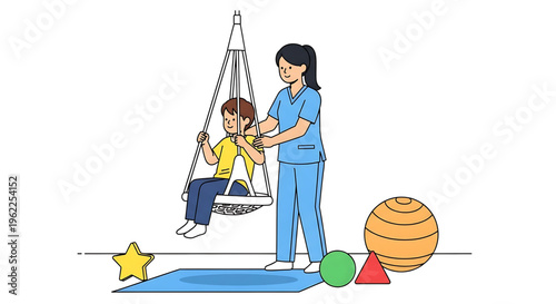 A therapist assisting a child on a swing in a play therapy session with educational toys