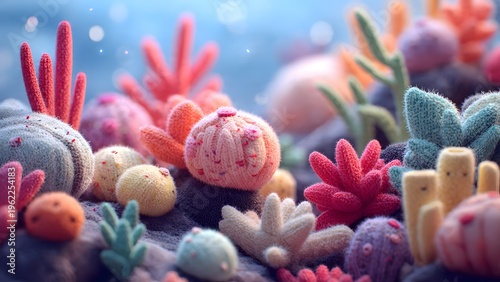 A colorful underwater coral reef scene in a soft plush doll style, corals shaped like cute stuffed toys with smooth fabric textures, pastel colors, round edges