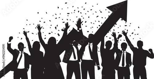 Business success, teamwork, celebration, silhouette icons, black and white