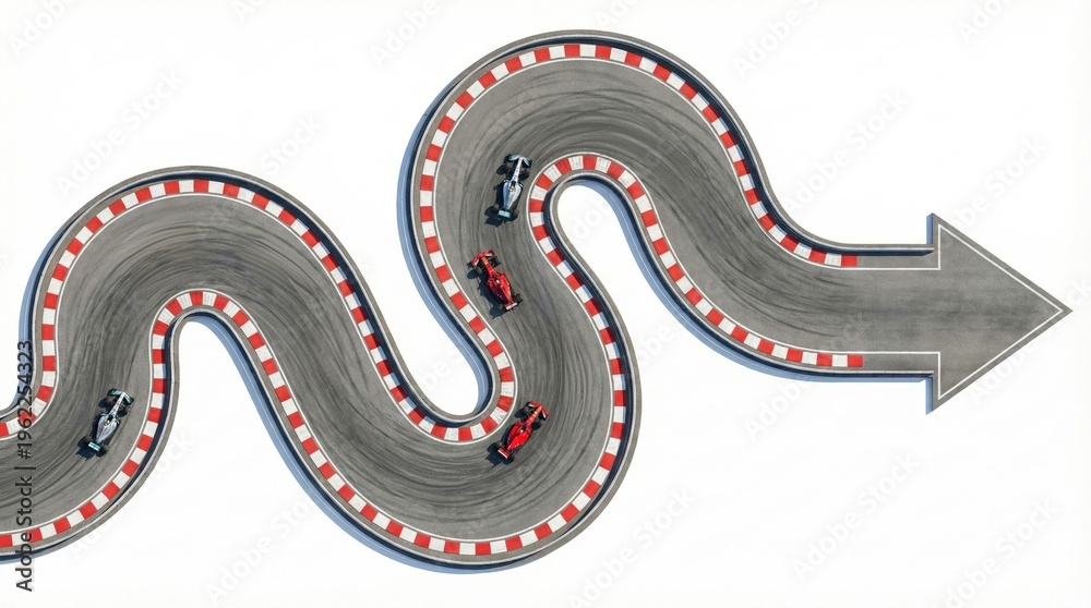 Obraz premium Formula racing cars driving along curved asphalt track leading into arrow direction. Concept of competition racing, overtaking strategy, speed dynamics, directional movement, motorsport action.