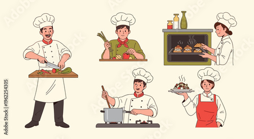 Diverse chefs in various culinary roles, showcasing cooking expertise and kitchen activities.