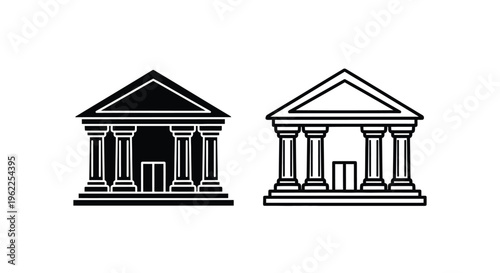 Two neoclassical building facades with columns presented in black and white