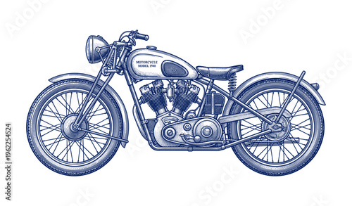 Vintage blue motorcycle sketch with detailed engine and spoked wheels