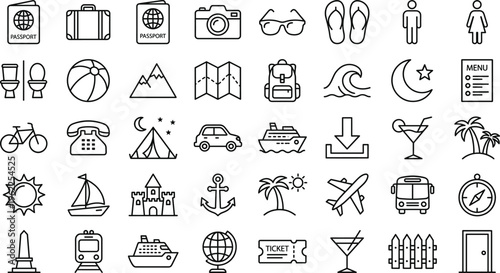 Travel and Tourism Line Icon Set with Passport, Airplane, Map, Beach, Cruise Ship, Backpack, Transport and Vacation Outline Vector Collection